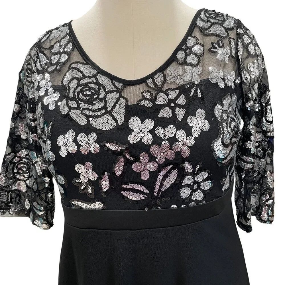 Rosegal 2XL Plus Size Black Silver Sequin Floral Mesh Maxi Evening Formal Dress - Picture 6 of 8